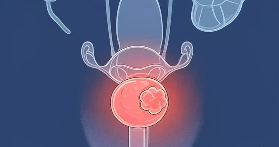 Cross-section diagram of the human bladder with a highlighted cancerous tumor on the bladder lining.