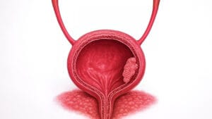 Graphic illustration of a cross-section of the human bladder showing a tumor growing on the bladder wall